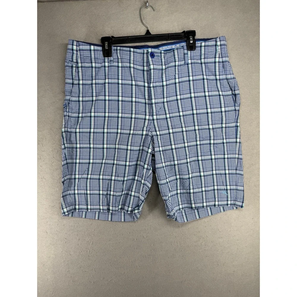 Tommy Bahama Mens Plaid Flat Front Shorts Blue White Teal Size 40